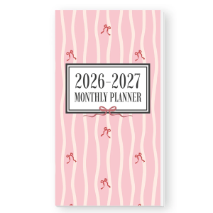Agenda mensual A6 2026-2027 con cubierta rosa y espacio para notas